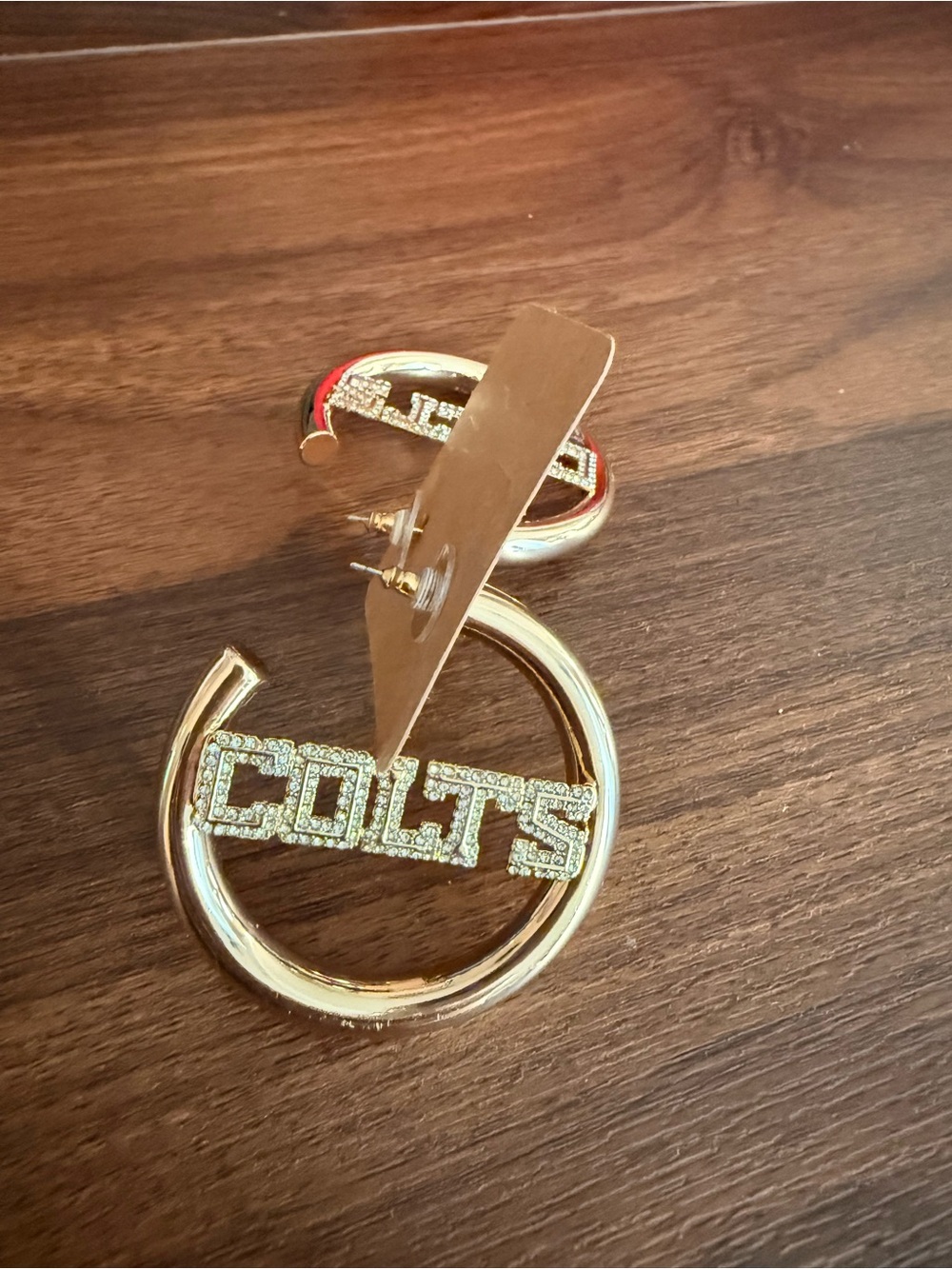 COLTS Gold Hoop Statement Earrings with Pave Crystal Logo - Picture 3 of 3